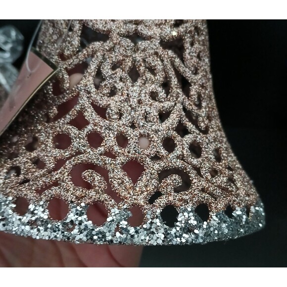 Holiday Hanging Bell Ornament Decorations Set of 4 Plastic Rose Gold/Glitter 6" - Picture 8 of 10